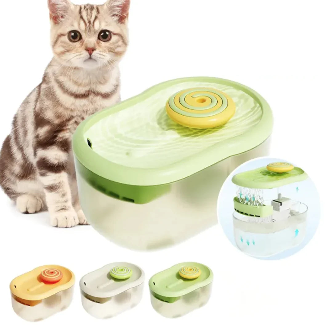 SoftStep quiet cat water fountain next to a cat, shown in yellow, cream and green