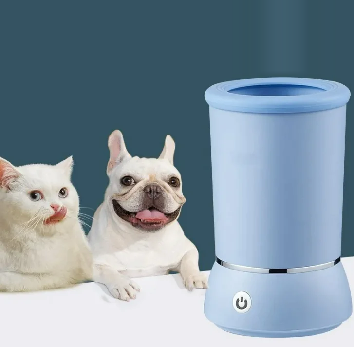 Blue SoftStep automatic paw cleaner cup next to a dog and a cat